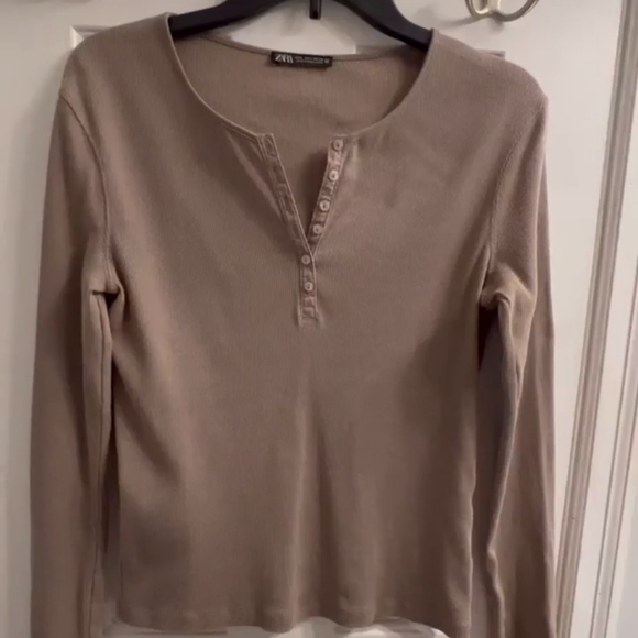 SOLD ZARA Tan Camel Ribbed Top Sz L - Picture 2 of 7